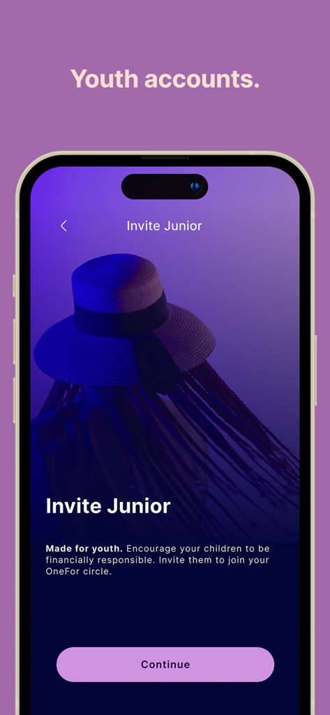 OneFor Money App - Smartphone screen from OneFor Money App showing the Invite Junior feature for youth accounts and family circles