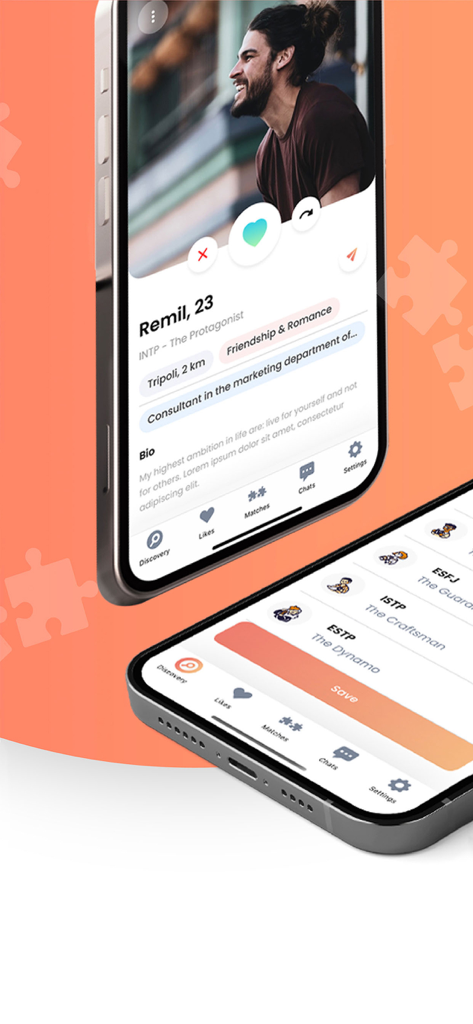 Mobile screen showing a user profile and list of 16 personality types in the Ur My Type app