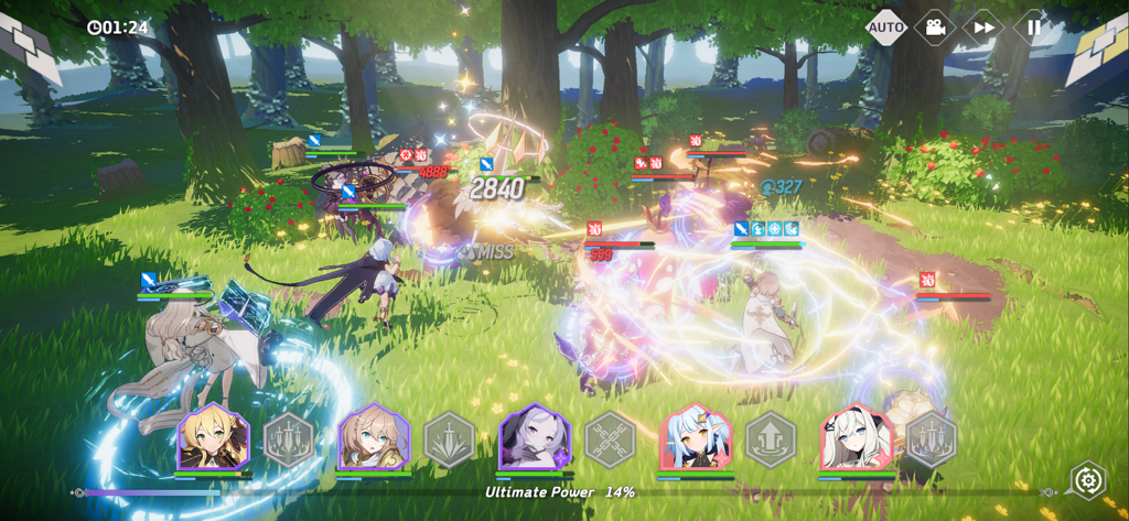 Eversoul - Gameplay screenshot of an anime-style battle in Eversoul featuring characters and special effects in a forest.