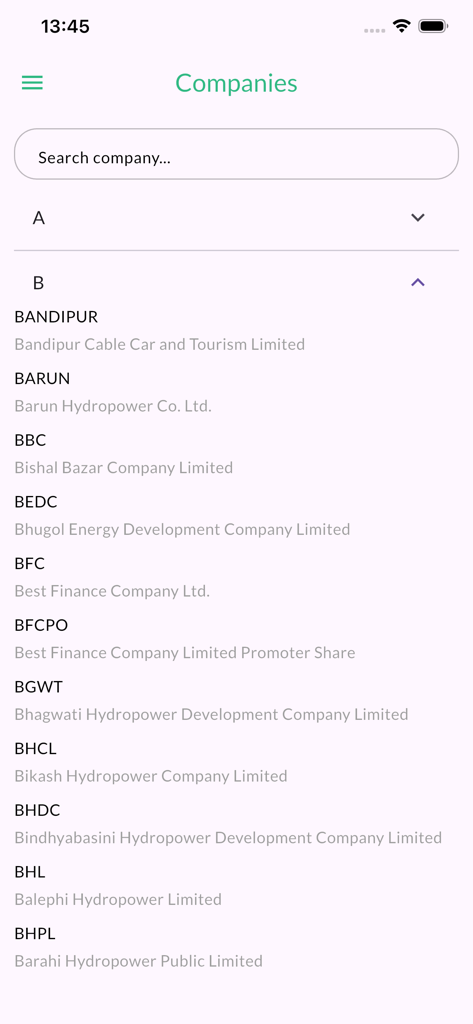 Smart Wealth Pro - Alphabetical directory of listed companies within the Smart Wealth Pro mobile application