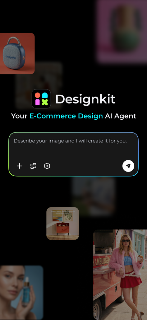 Designkit app interface showing the AI design agent for creating e-commerce images through text prompts.