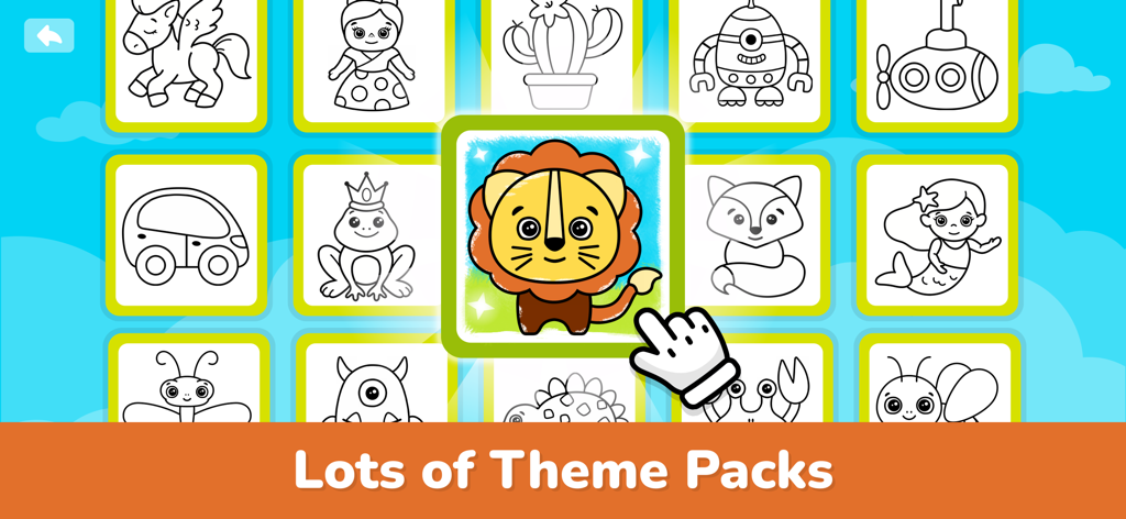 Baby Coloring Book: Kids Games - A menu screen of the Baby Coloring Book app showing various character theme packs for kids to color.