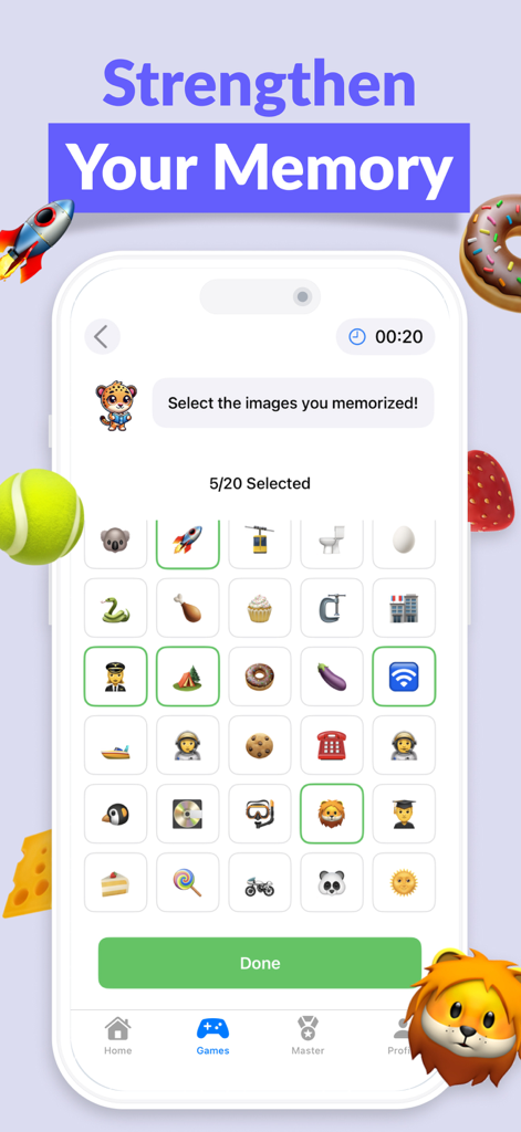 Speed Readingo: Read Faster - A memory training exercise in the Speed Readingo app featuring a grid of icons to select
