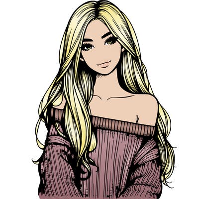 realistic girl with long hair wearing an off the shoulder sweater