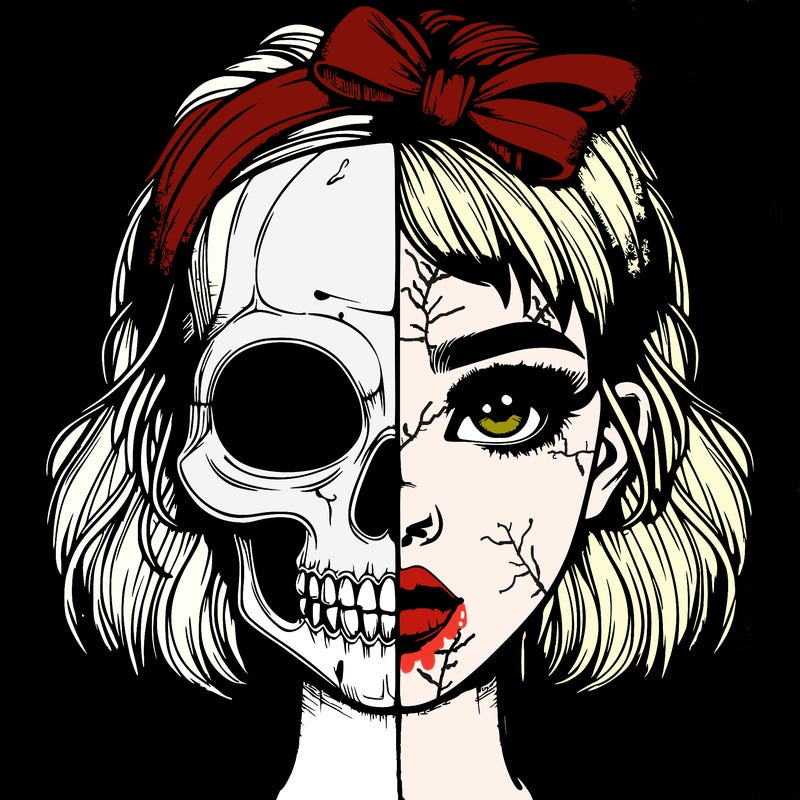 realistic girl with half skull mask