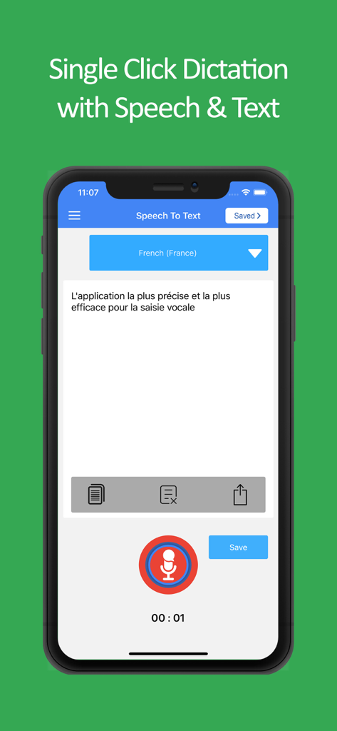 Speech to Text Voice Typing - Interfaz móvil de la aplicación Voz a Texto mostrando un botón de grabación de voz y texto transcrito en francés.