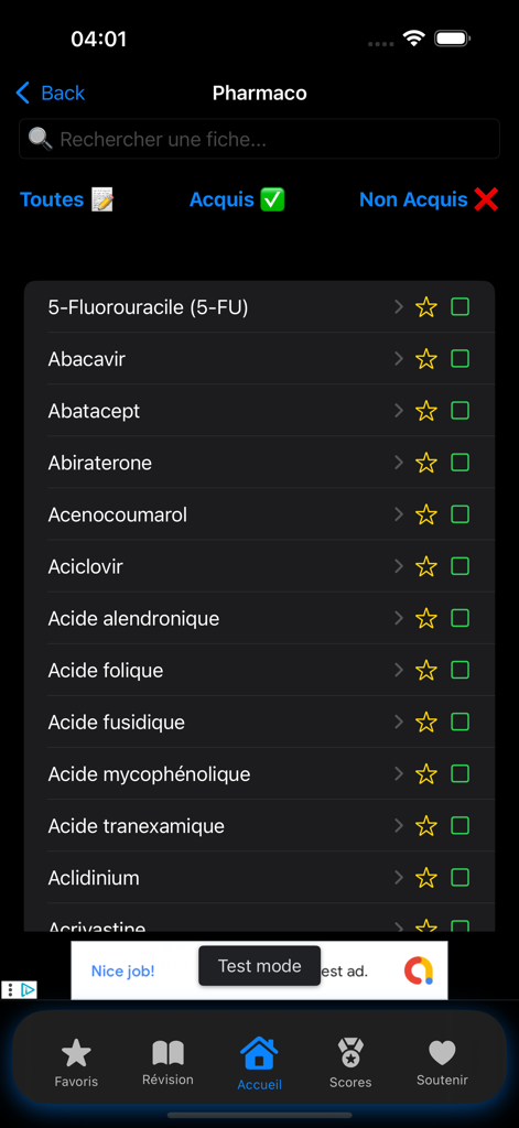 MedicalLearn - A list of medical drugs and pharmacology items in the MedicalLearn app with search and status indicators