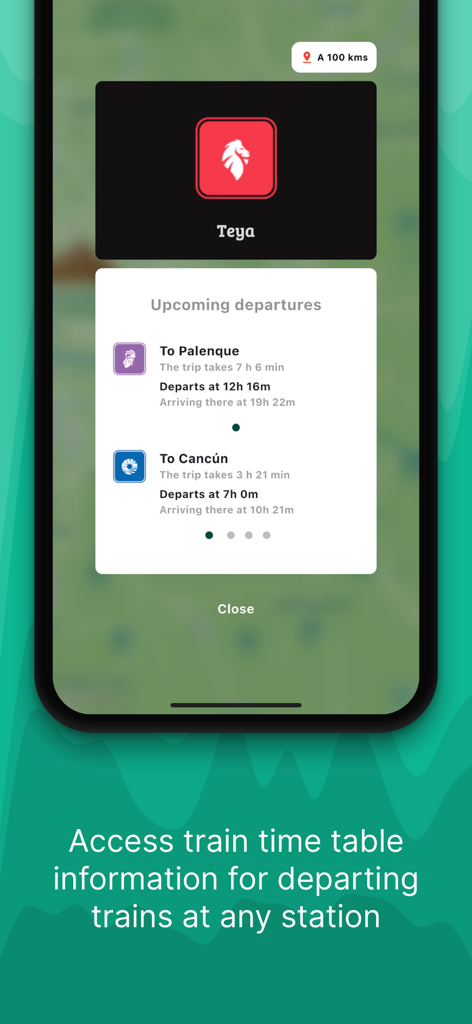 Tren Maya - The Guide - Bildschirm der mobilen App, die bevorstehende Zugabfahrten und Fahrpläne für die Station Teya anzeigt