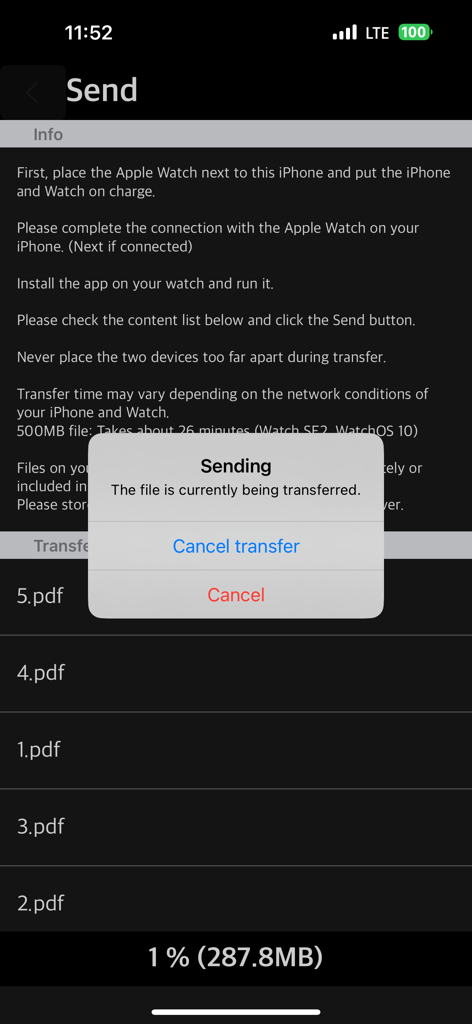 iPhone interface showing a PDF file being transferred to an Apple Watch