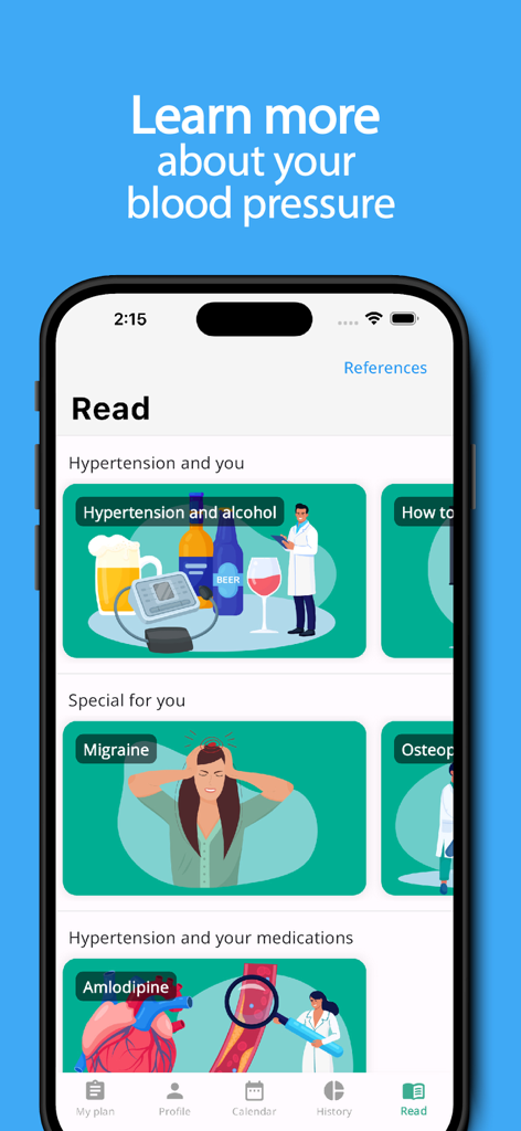 Educational resources screen of the MyBP app showing articles about hypertension, alcohol, and medications