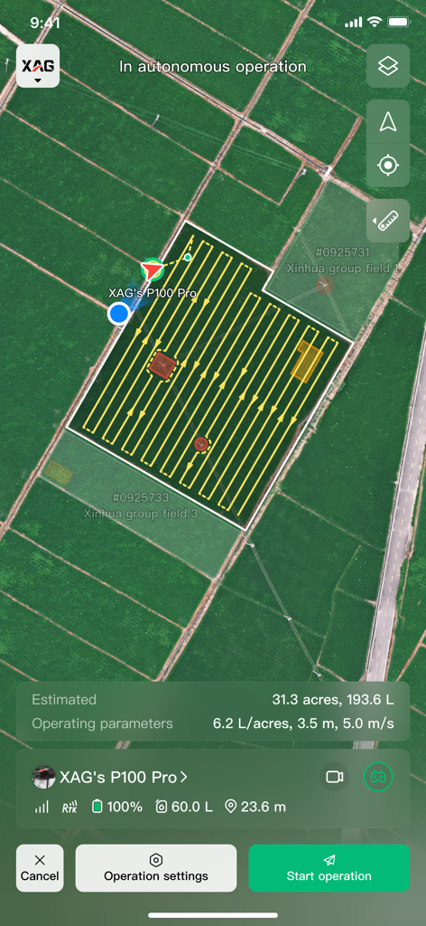 Interface of the XAG One app displaying an autonomous drone flight path for field mapping and spraying.