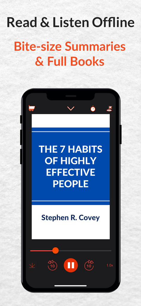 StoryShots mobile app displaying an audio book summary for The 7 Habits of Highly Effective People by Stephen Covey
