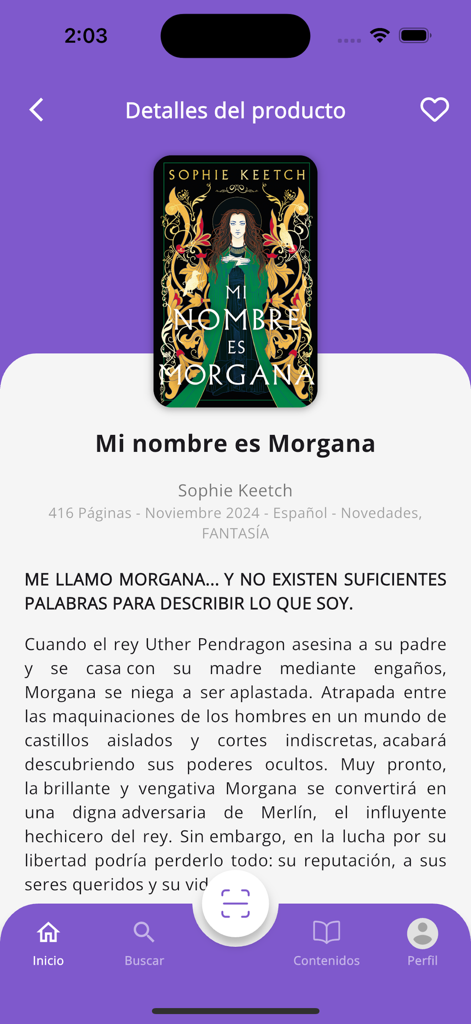 Amabook - Amabook app interface showing details for the Spanish fantasy novel Mi nombre es Morgana by Sophie Keetch