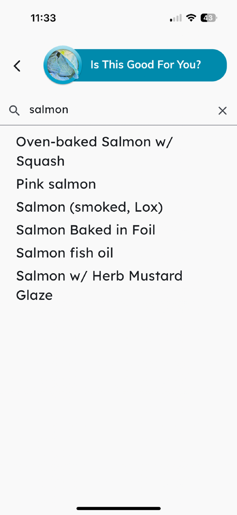 Gout + - Gout plus app search interface showing various salmon food options for diet management.