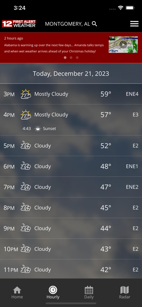 Hourly weather forecast for Montgomery Alabama on the WSFA First Alert Weather app