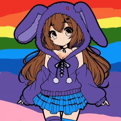 pretty anime girl wearing a fluffy hoodie with bunny ears on the hood and a skirt