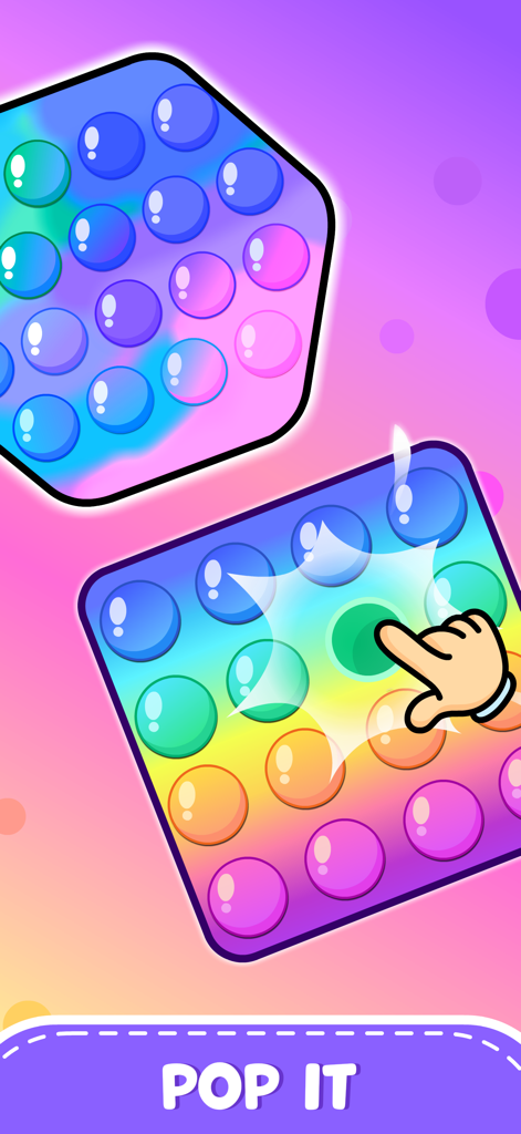 Toddler Games Baby Balloon Pop - 虹色のデジタルポップイットフィジェットトイ。手をかざして泡をクリックする様子が表示されます。