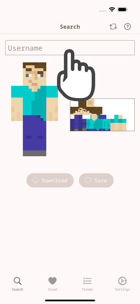 Tela de pesquisa de skins do Minecraft mostrando um campo de entrada de nome de usuário e uma visualização de personagem em 3D.