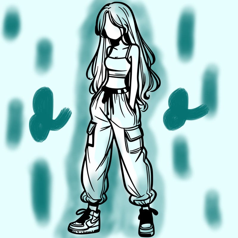 girl in baggy pants crop top and long hair