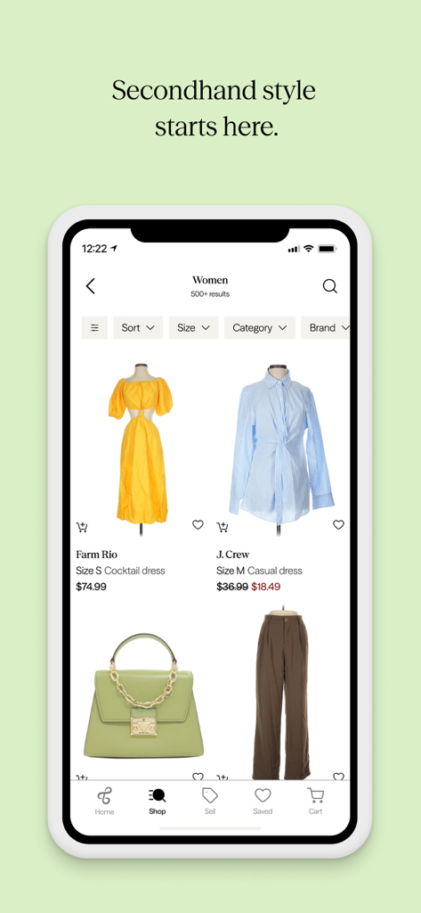 ThredUp: Online Thrift Store - 中古の女性用衣料品アイテムと検索フィルターを表示するThredUpモバイルアプリのインターフェース
