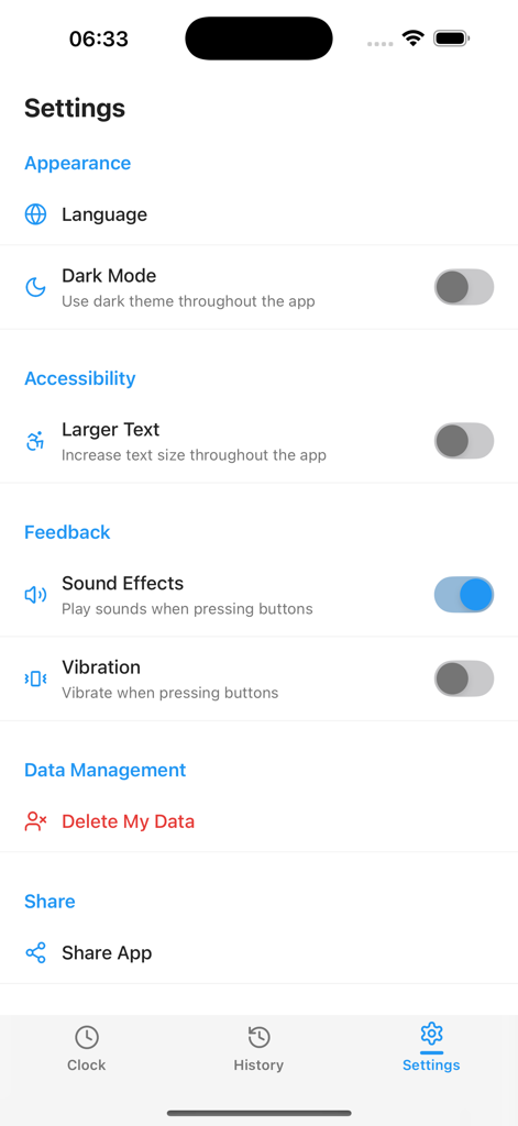 Grandmaster Chess Clock - Settings screen for the Grandmaster Chess Clock app with options for dark mode sound and accessibility