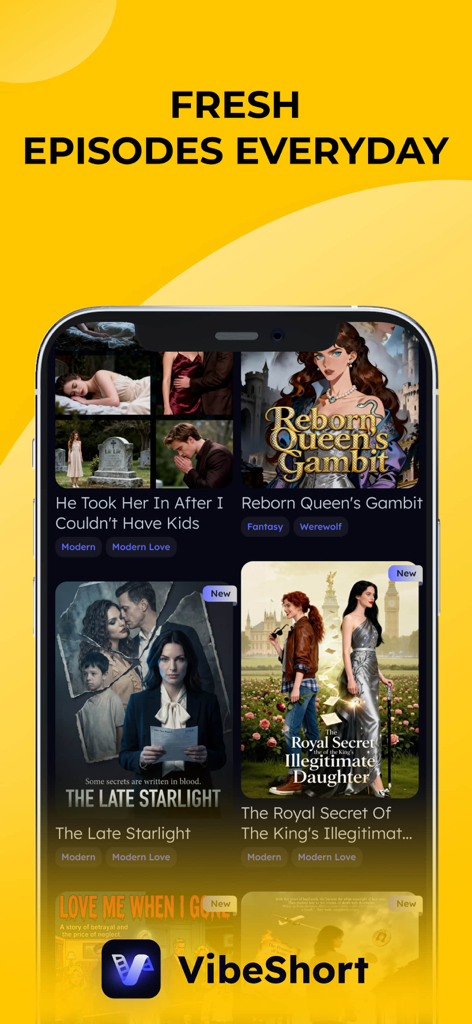 VibeShort: AI Comic Dramas - VibeShort App-Bildschirm, der eine Bibliothek von KI-generierten Kurz-Dramen mit Titeln wie Reborn Queen's Gambit und The Royal Secret zeigt