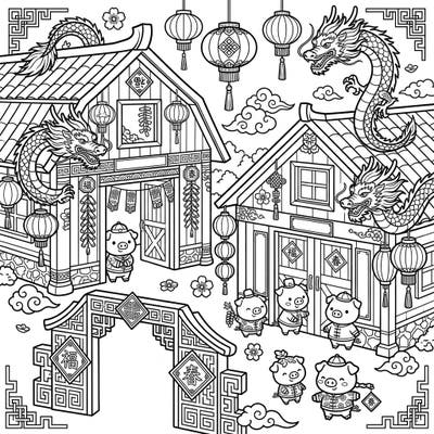 Immerse yourself in the vibrant spirit of Lunar New Year with this detailed coloring page, showcasing hog barns beautifully decorated for the festivities. Adorable zodiac pigs, majestic dragons, and traditional lanterns fill a scene rich with cultural charm and intricate patterns.