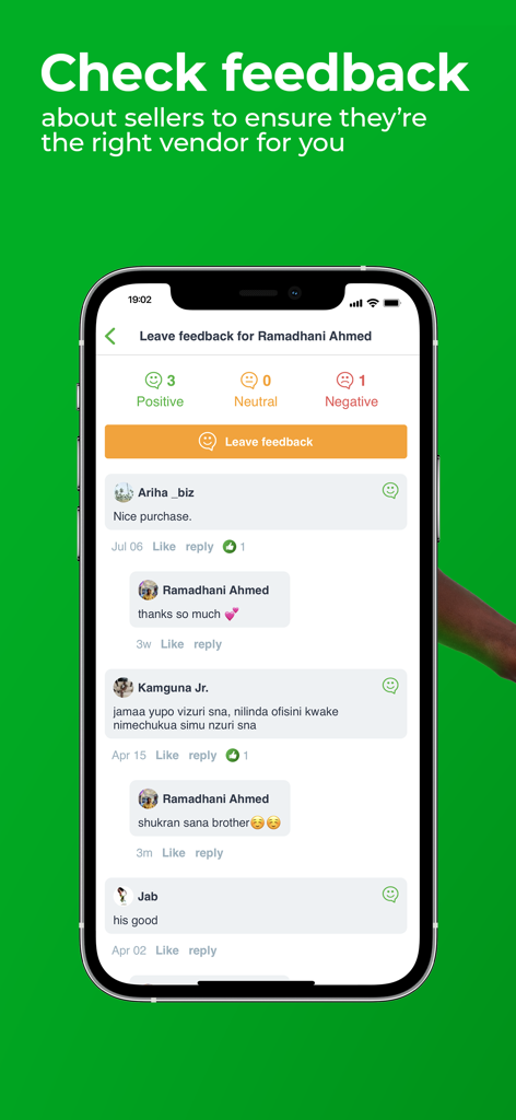 Seller feedback and ratings screen on the Jiji Tanzania app showing positive reviews from customers