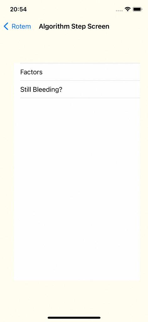 Schermata del passaggio dell'algoritmo dell'app mobile TEGRotem con opzioni Fattori e Sanguinamento Persistente.