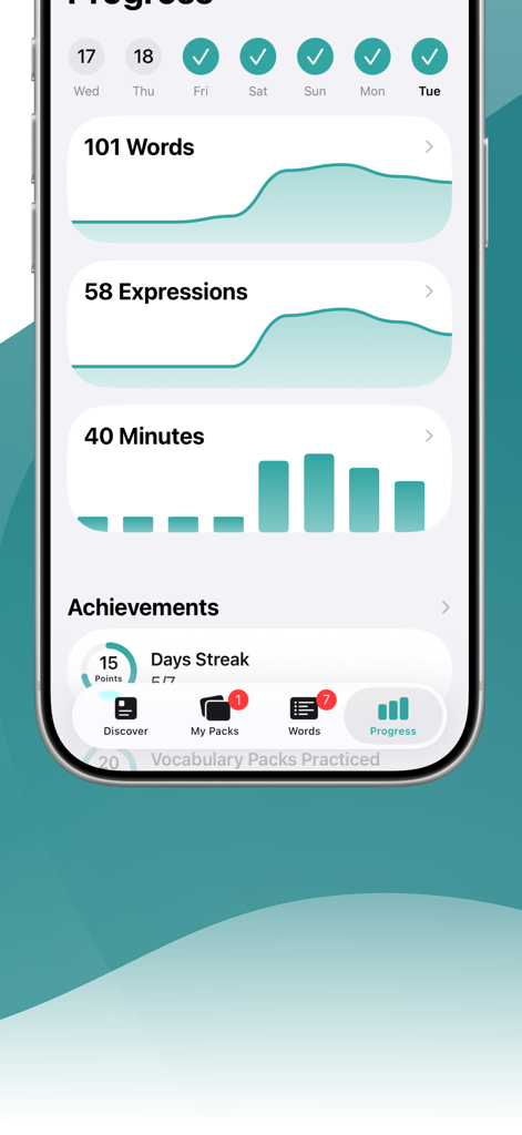 Fortschrittsübersicht in der Lengo-App mit Diagrammen für gelernte Wörter, gemeisterte Ausdrücke und tägliche Lernzeit