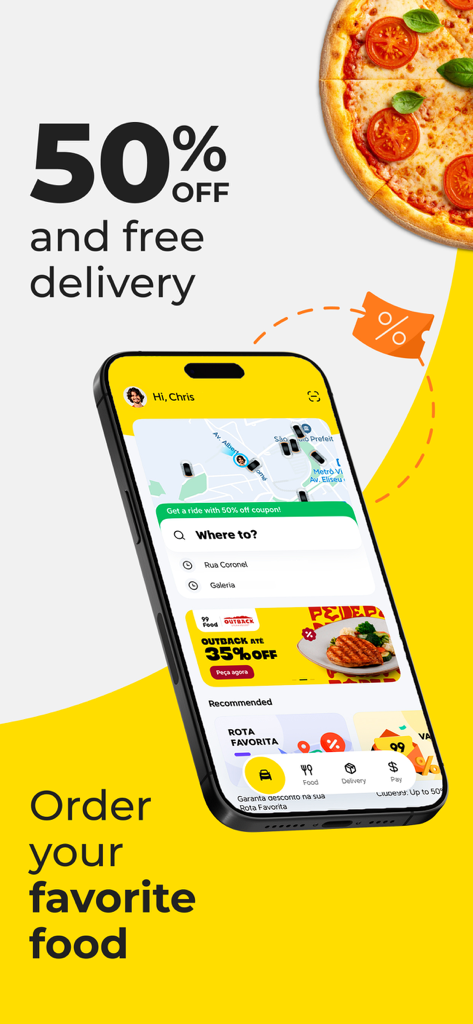 Un smartphone affichant l'interface de l'application 99 avec des réductions sur la livraison de repas et des options de covoiturage