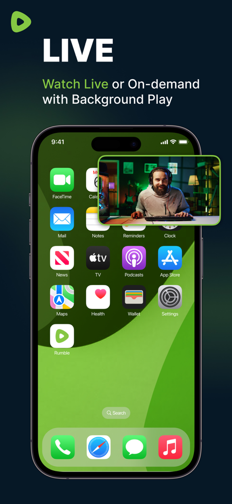 Aplicativo Rumble exibindo um vídeo ao vivo no modo picture in picture com reprodução em segundo plano ativada em uma tela de smartphone