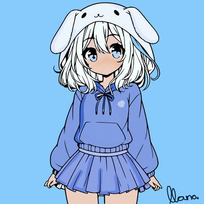 pretty anime girl wearing a fluffy hoodie with bunny ears on the hood and a skirt