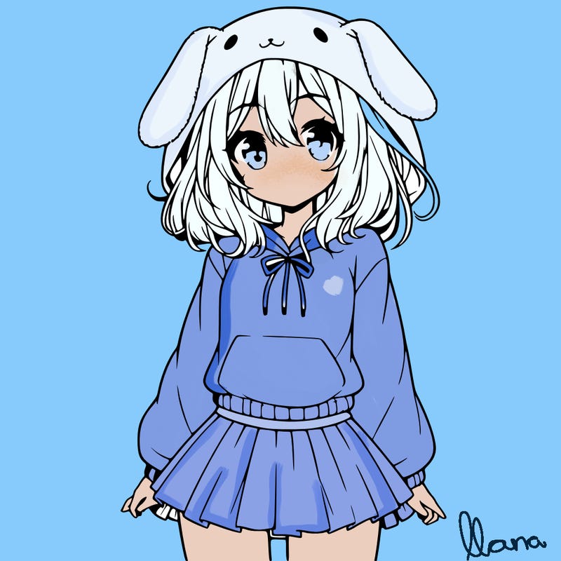 pretty anime girl wearing a fluffy hoodie with bunny ears on the hood and a skirt