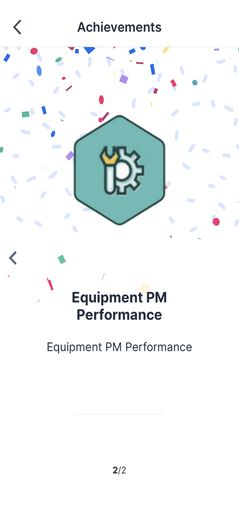 Transcendent Work Management - The achievements screen of the Transcendent Work Management app displaying an equipment performance badge with confetti