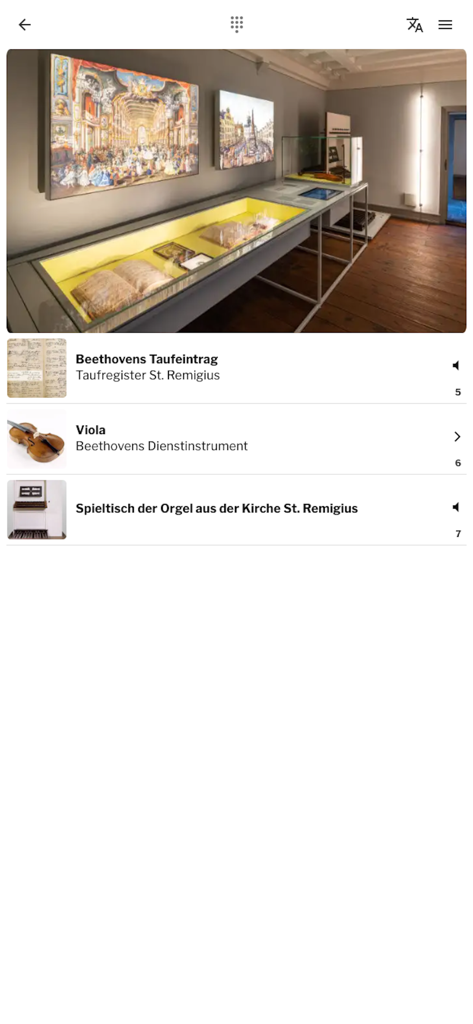 Beethoven-Haus Bonn Guide - The Beethoven-Haus Bonn Guide app interface showing a museum exhibition room and a list of historical artifacts including a viola and manuscripts