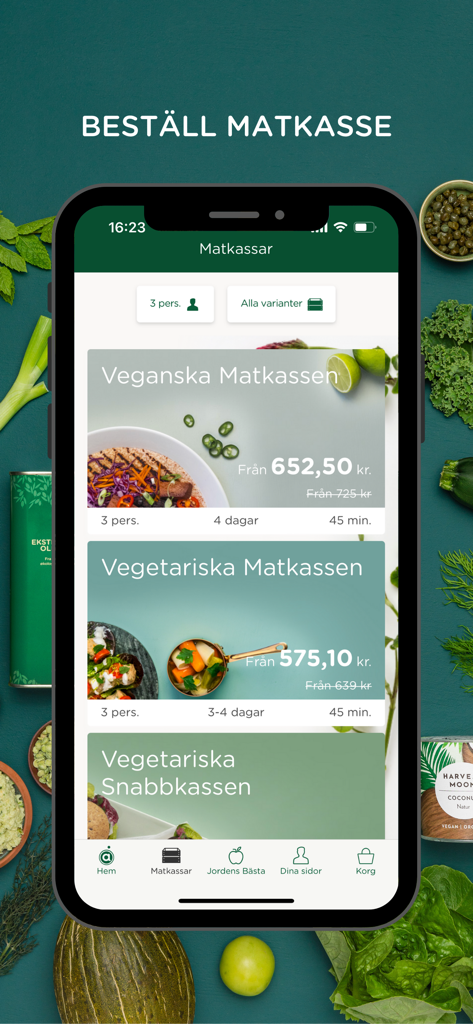 Årstiderna - Ekologisk mat - The Arstiderna app interface showing a variety of organic vegan and vegetarian meal kit options on a smartphone screen.