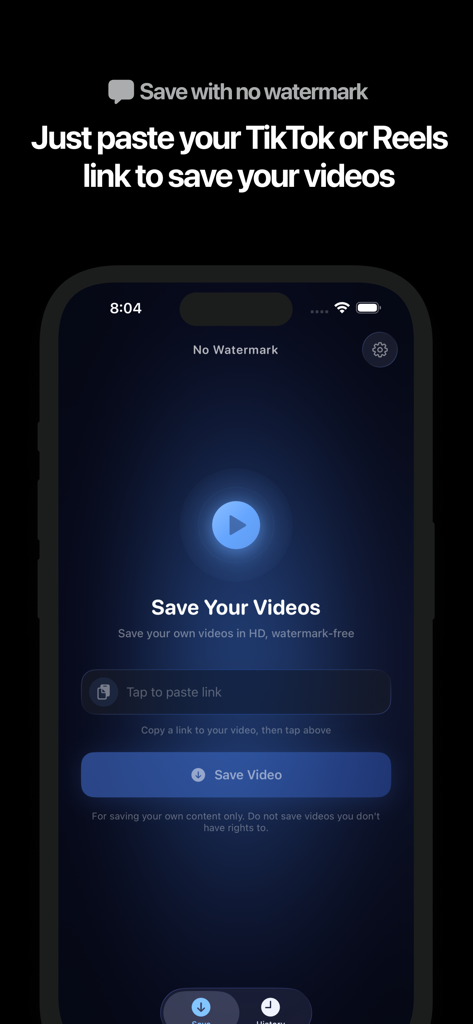 No Watermark: Save Your Videos - App interface showing how to save TikTok and Reels videos without watermarks by pasting a link.