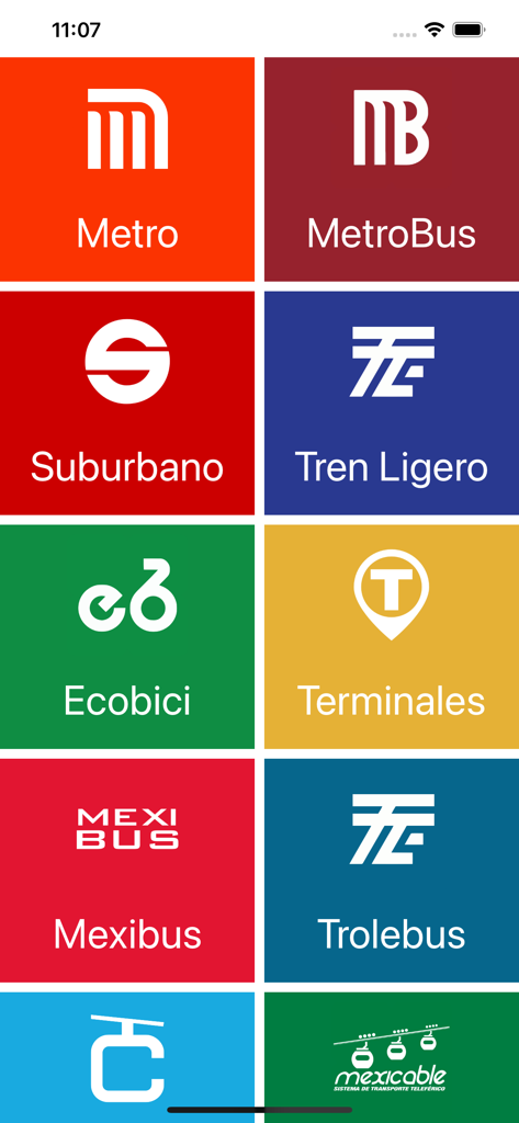 Main menu of Red Transporte CDMX app showing a grid of transit options including Metro Metrobus and Ecobici