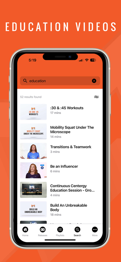 MOSSA GO - MOSSA GO app interface showing a list of education videos for certified group fitness instructors