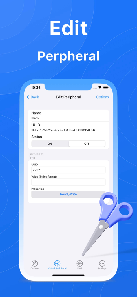 BlueTools Bluetooth Assistant - BlueTools Bluetooth Assistant app screen for editing virtual peripheral details such as UUID and status.