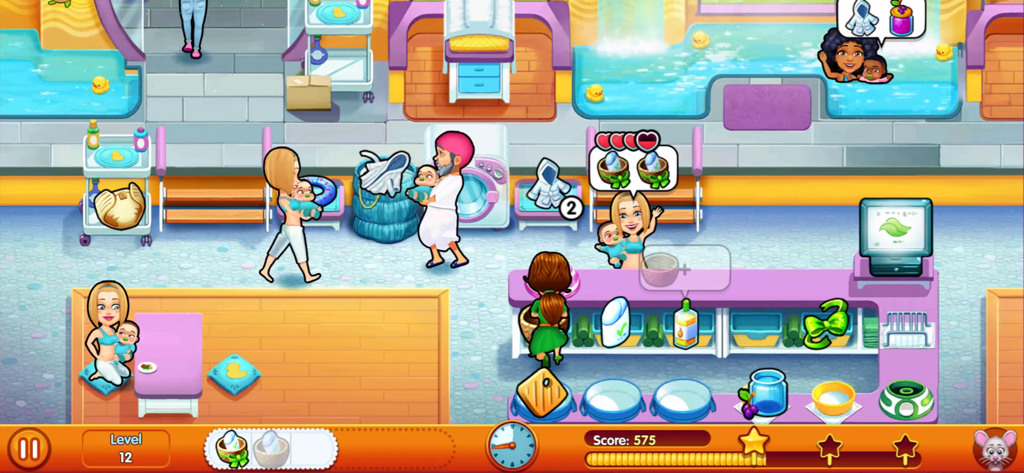 Delicious - Moms vs Dads - Gameplay of Delicious Moms vs Dads featuring characters caring for babies in a spa and nursery setting