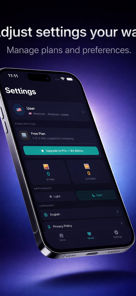 Interfaz de configuración de la aplicación Planificador AI de Iftar y Suhoor mostrando el perfil del usuario, estado de suscripción y modo de apariencia