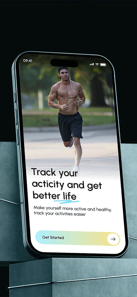Pantalla de bienvenida de la aplicación SmartWatch y BT Sync con un hombre corriendo y un botón de empezar
