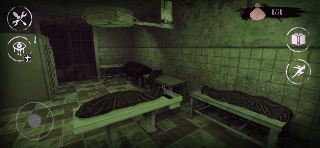 Eyes Horror & Coop Multiplayer - Gameplay screenshot of Eyes Horror Game showing a spooky hospital morgue with body bags