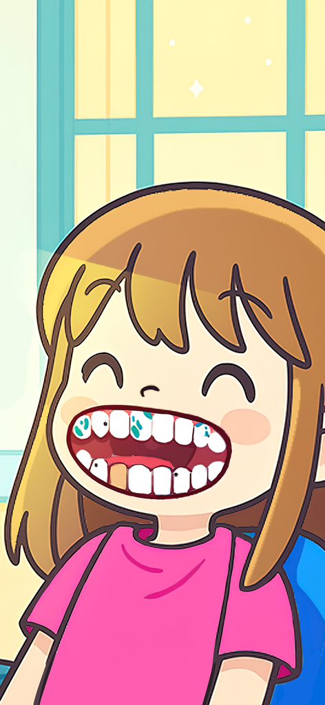 Dentist Games: Teeth Clinic - 歯に歯垢がついた、かわいい漫画の女の子の患者が歯医者の椅子に座っている
