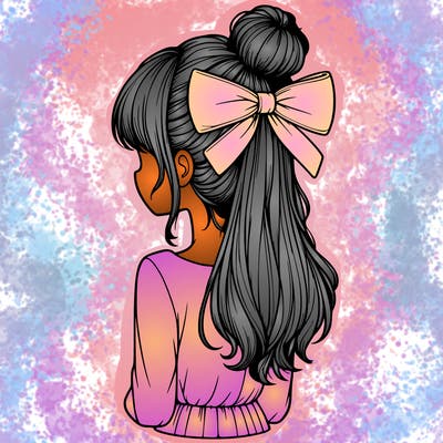 realistic girl  with hip length hair a bun and a big bow on the back of head