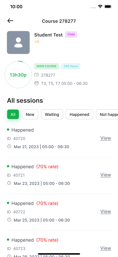 Antoree Teacher - Course management screen in the Antoree Teacher app showing student progress and teaching session history