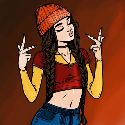 realistic teenage girl with braids and a beanie and crop top doing 🫶🏼