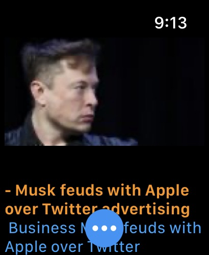 LAZER Browser - A news article about Elon Musk displayed on an Apple Watch using the LAZER Browser app